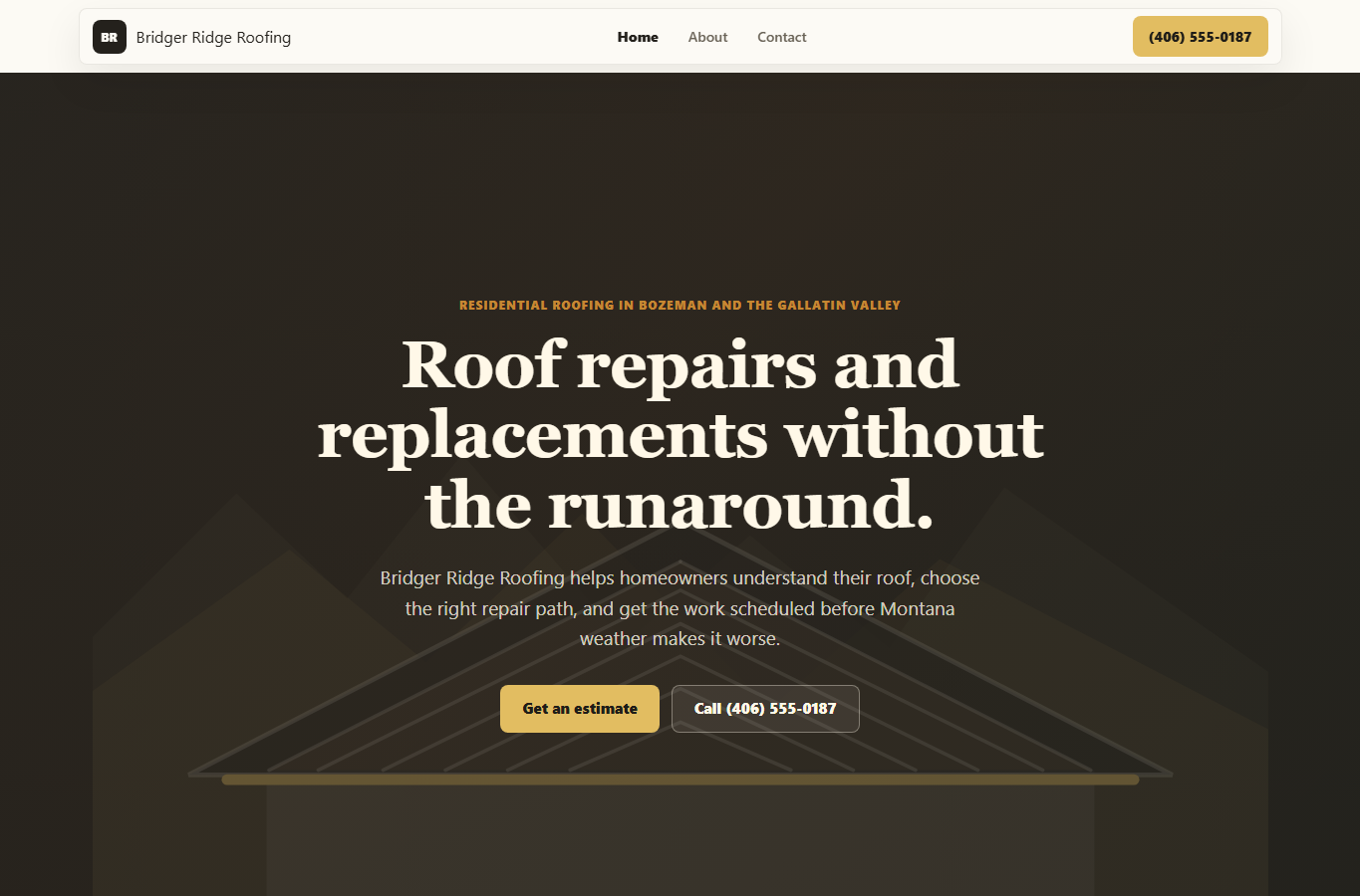 Homepage of the Landeros Roofing Solutions demo website